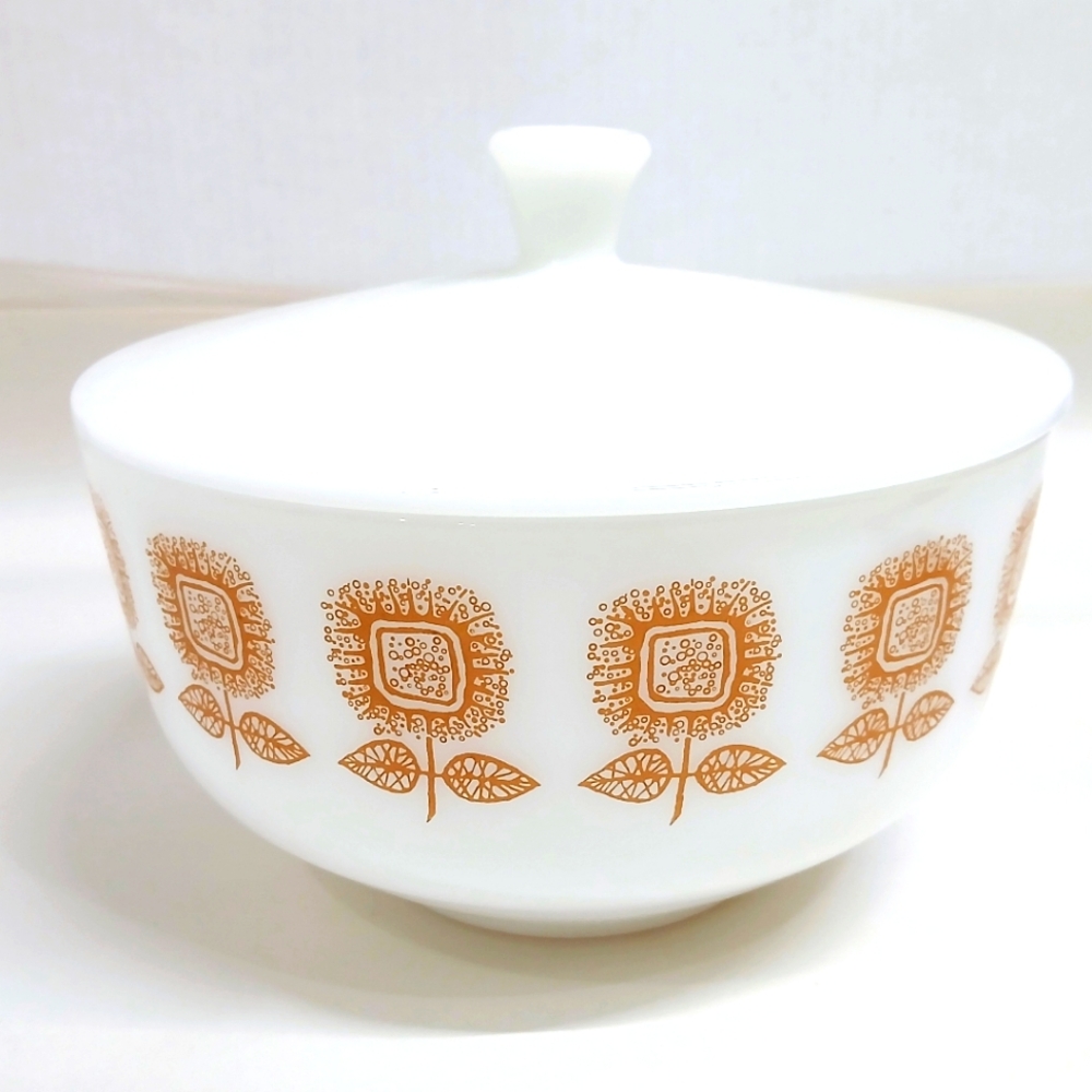 Vintage Federal White Milk Glass Covered Bowl with Orange Floral Pattern